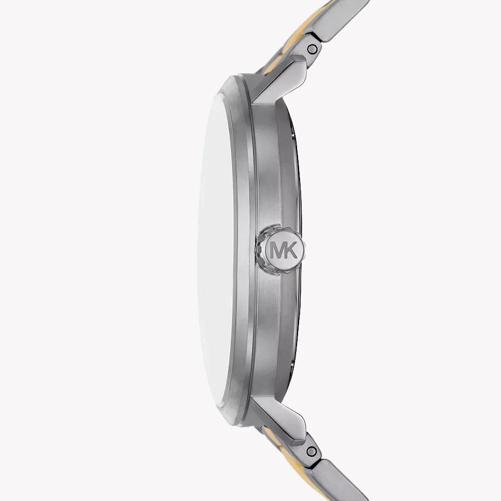 Close-up of Michael Kors MK9134 white analog dial with gold-tone hands