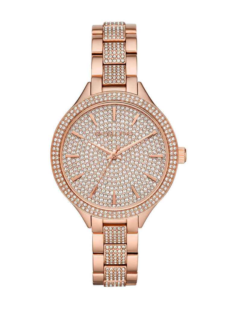 Front view of Michael Kors Slim Runway MK3799 women's rose gold stainless steel watch with pavé accents