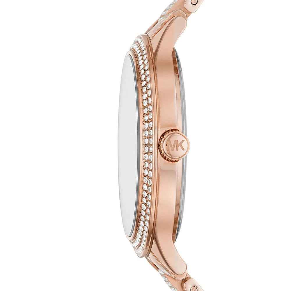 Side view of Michael Kors Slim Runway MK3799 rose gold stainless steel bracelet watch