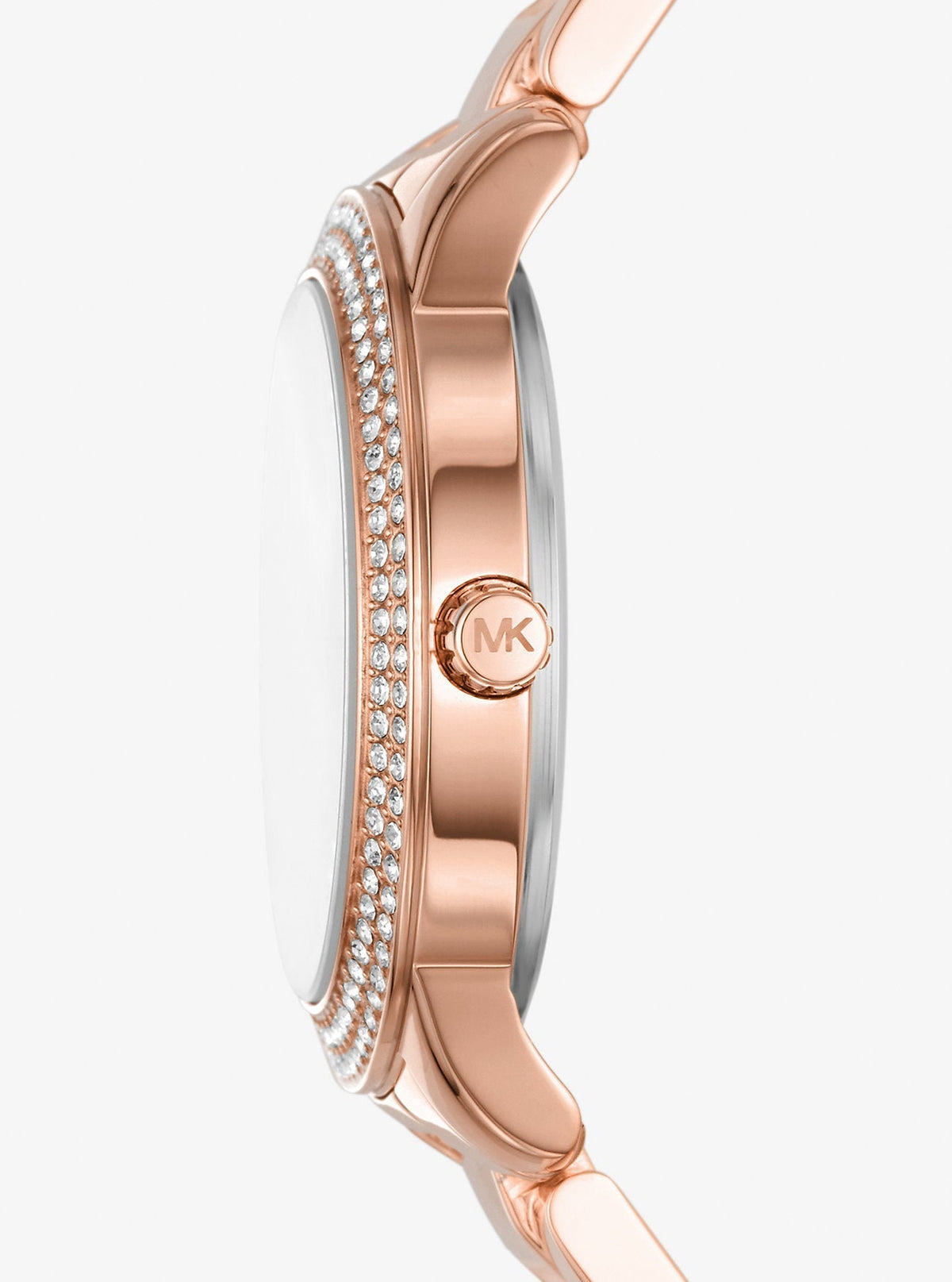 Side profile of Michael Kors Mini Tibby MK1058SET rose gold stainless steel bracelet watch