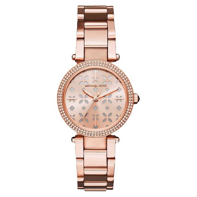 Michael Kors Mini Parker Floral MK6470 women's rose gold floral dial stainless steel watch front view