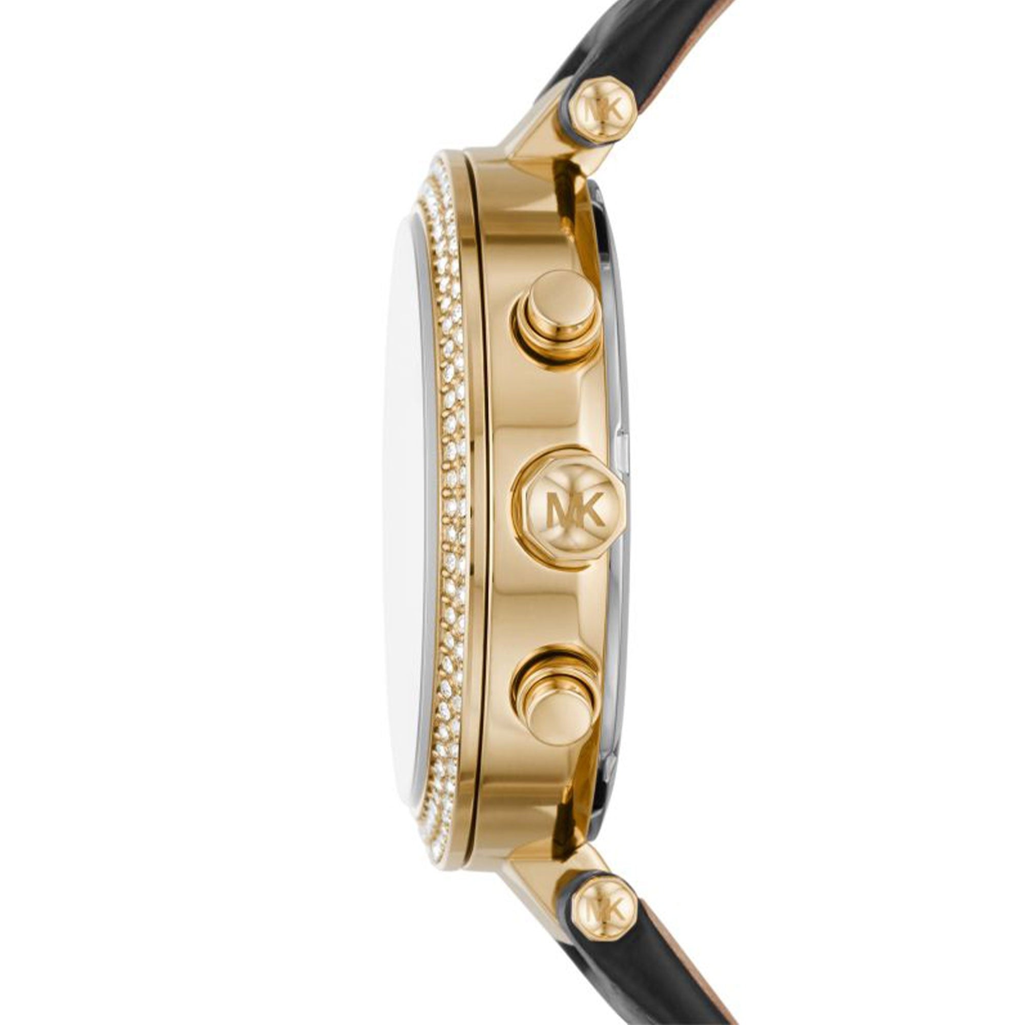 Side profile of Michael Kors Parker MK6984 black leather strap watch
