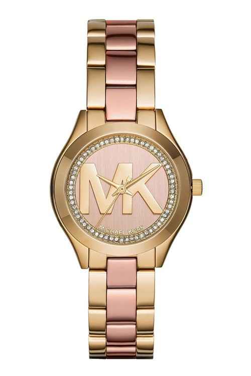 Front view of Michael Kors Mini Slim Runway MK3650 women's two tone stainless steel watch