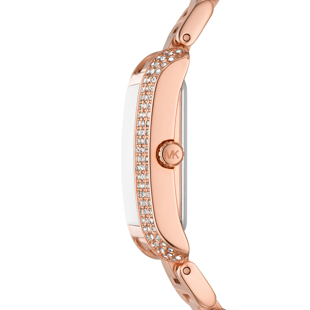 Side profile of Michael Kors Emery MK4641 rose gold stainless steel watch