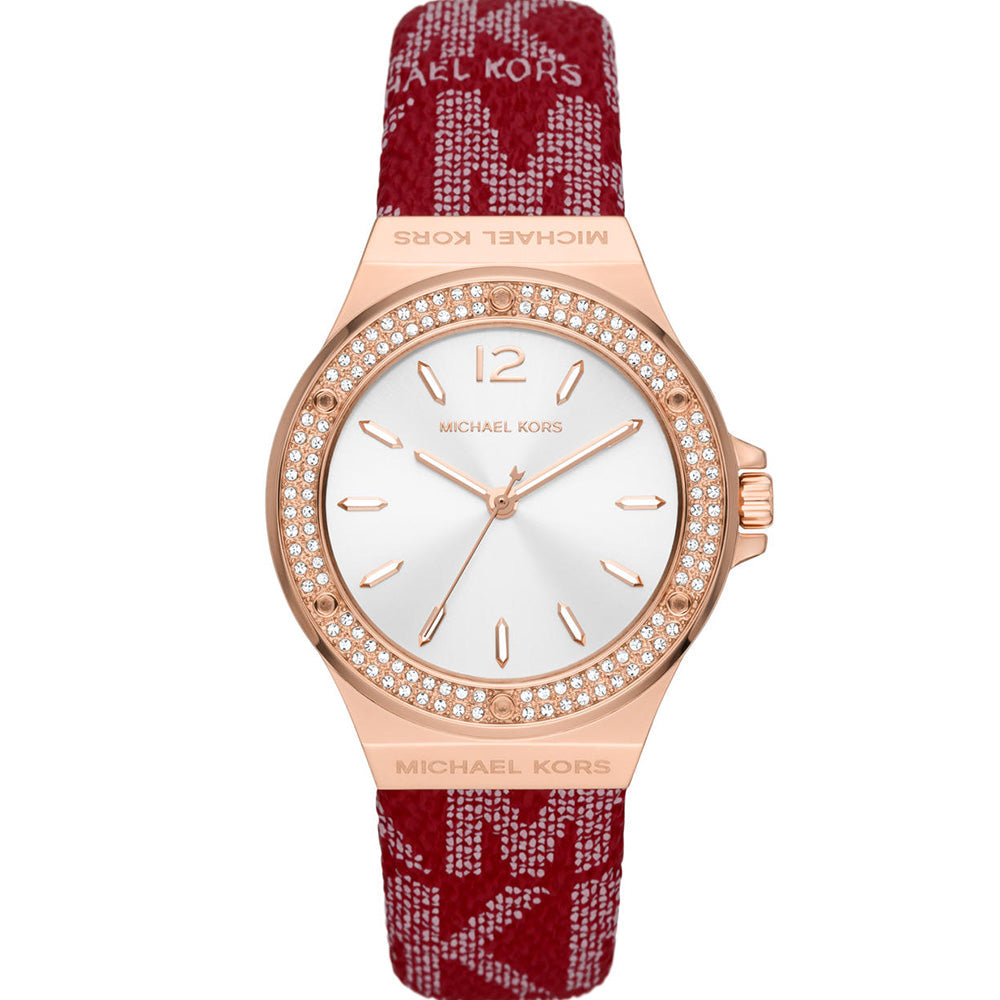 Michael Kors Lennox MK7308 women's silver dial red PVC strap watch front view