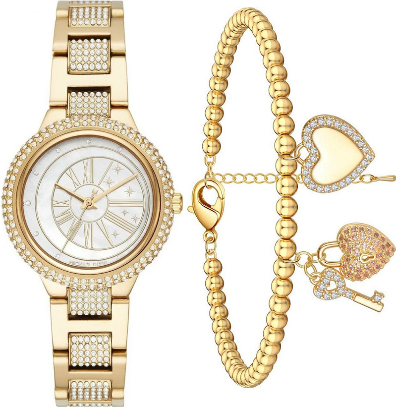 Close-up view of Michael Kors MK6567 white mother-of-pearl dial with crystal bezel