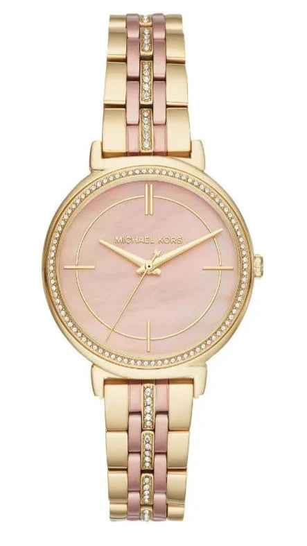 Front view of Michael Kors Cinthia MK3860 women's two tone stainless steel watch with rose gold dial