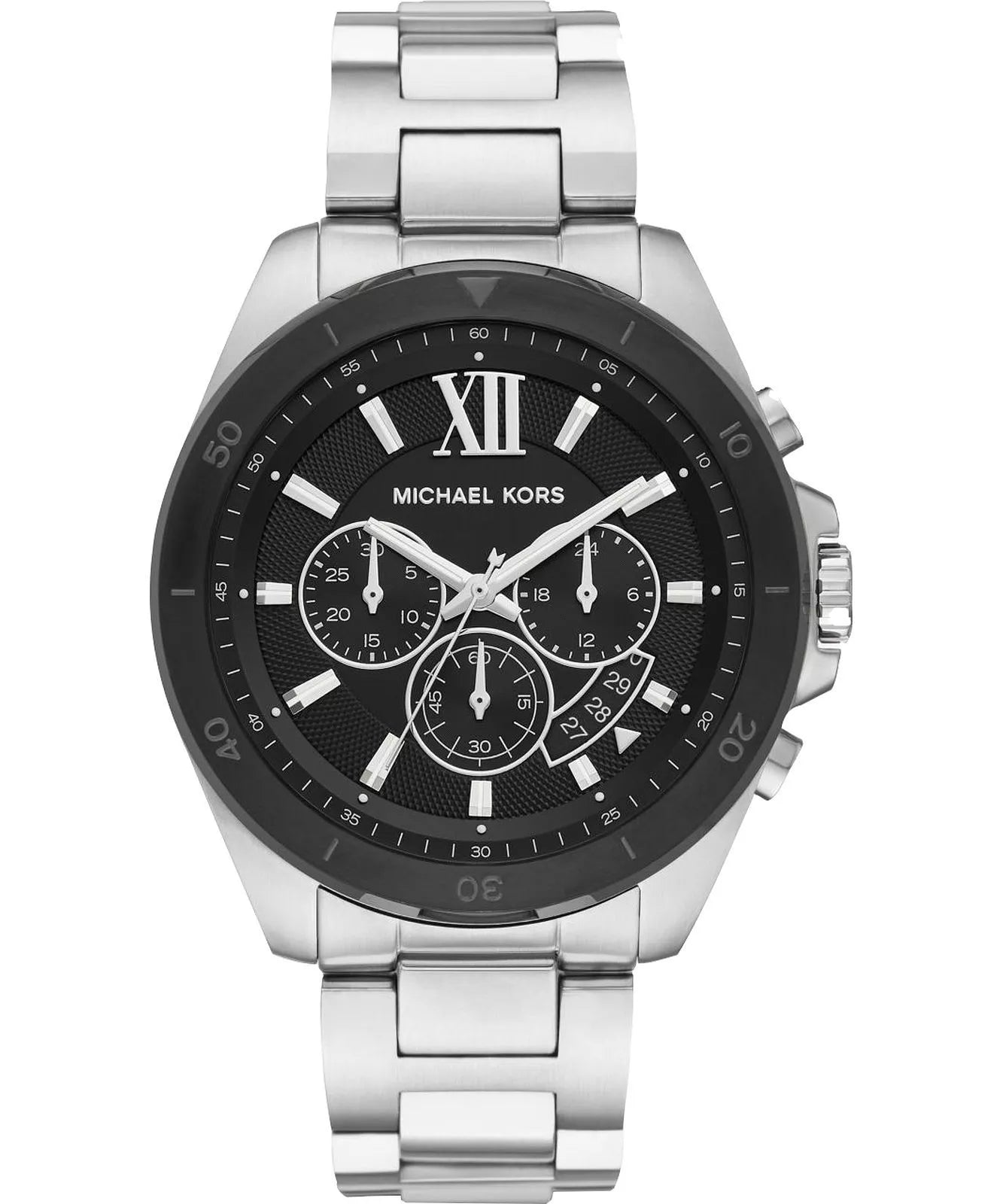 Michael Kors Brecken MK8847 men's black dial silver stainless steel chronograph watch front view