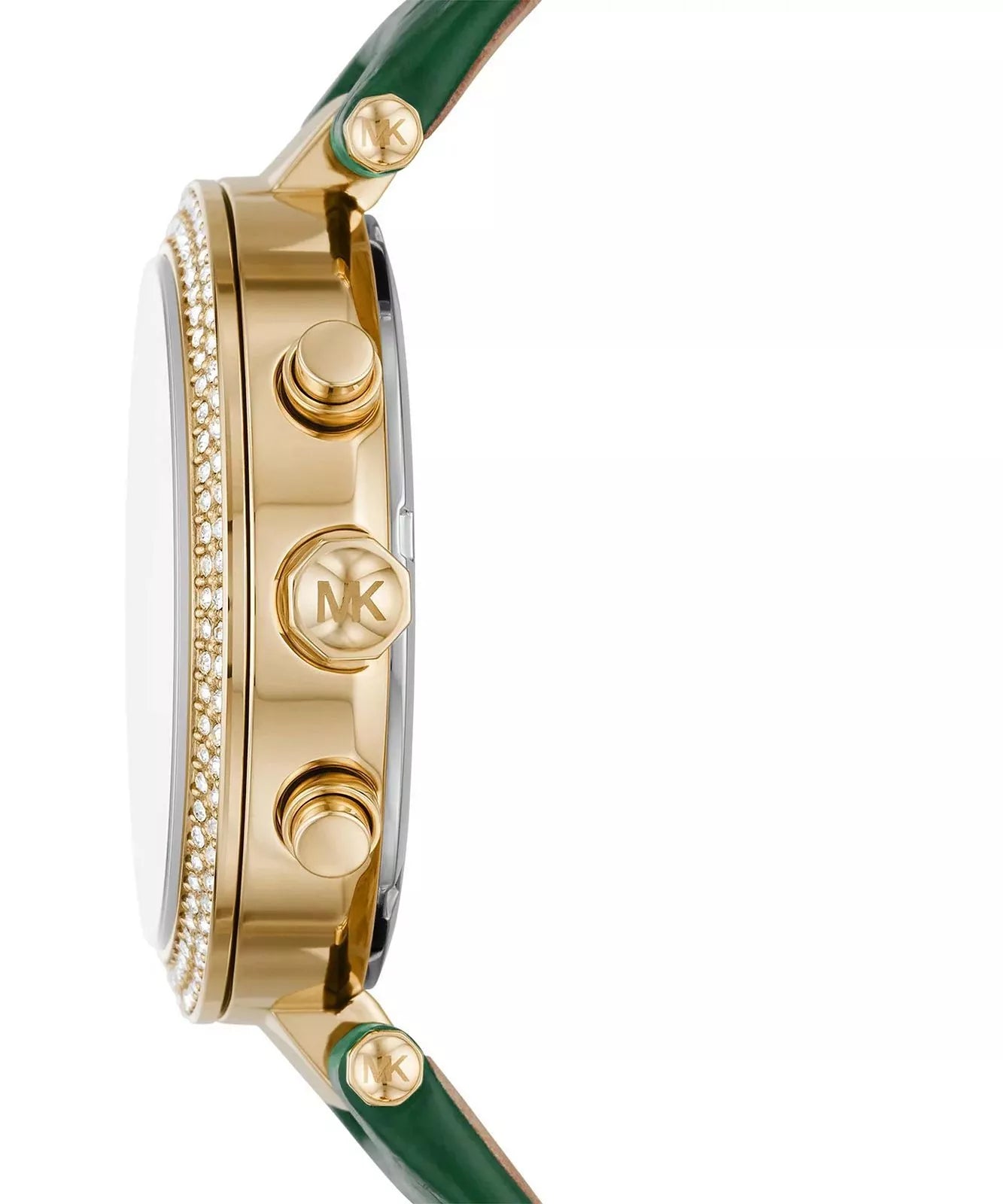 Side profile of Michael Kors Parker MK6985 green leather strap watch