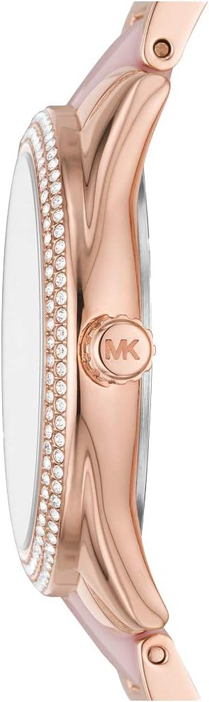 Side profile of Michael Kors Janelle MK7132 two-tone acetate and stainless steel bracelet watch