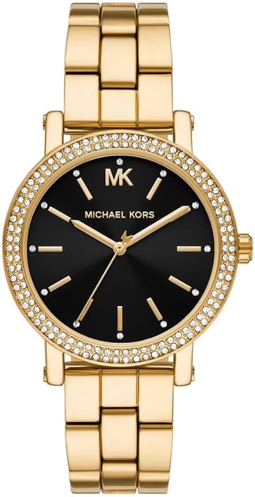 Michael Kors Corey MK7345 women's black dial gold steel strap watch front view