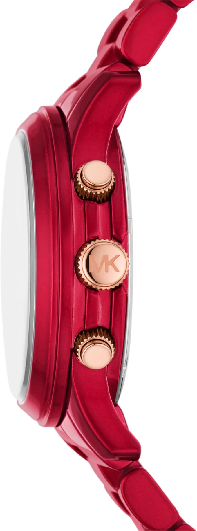 Side profile of Michael Kors Runway MK7436 red stainless steel bracelet watch
