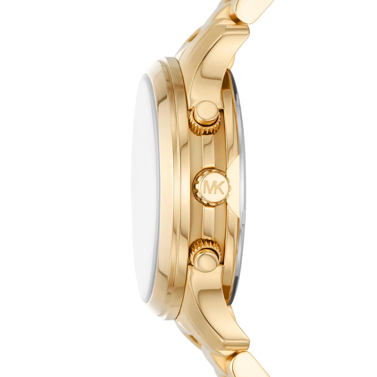 Side profile of Michael Kors Runway Chronograph MK7326 gold bracelet watch