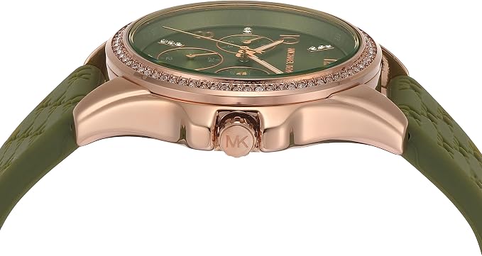 Side profile of Michael Kors Mini Pilot MK7421 green silicone strap watch