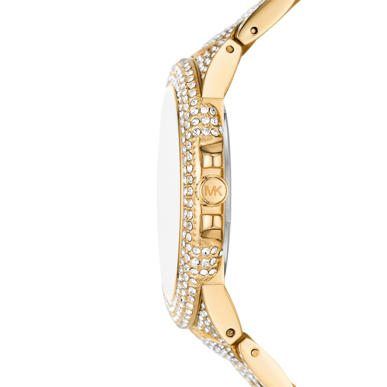 Side view of Michael Kors Camille MK4800 gold stainless steel bracelet watch