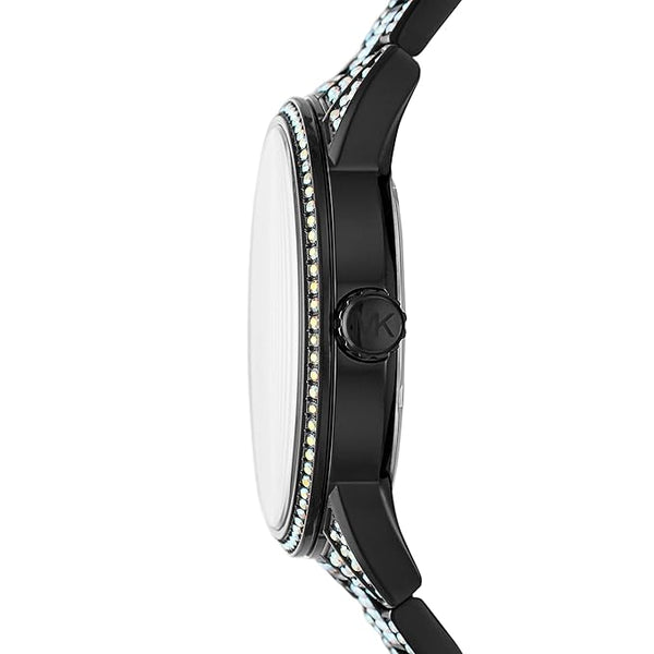 Side profile of Michael Kors Ritz MK6733 black stainless steel bracelet watch