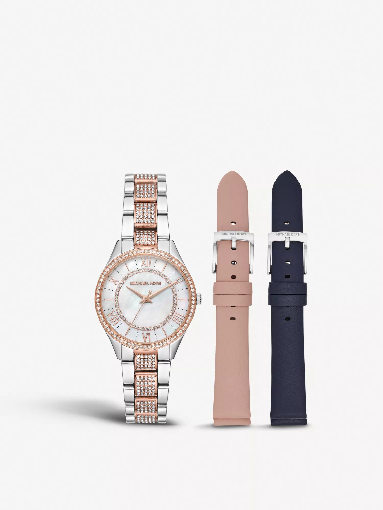 Michael Kors Lauryn MK4366 women's white silver dial two-tone stainless steel watch front view.