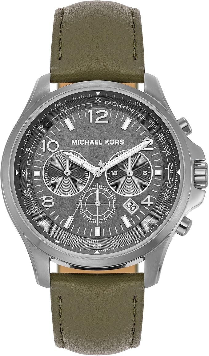 Michael Kors Pilot MK9129 men's silver dial green leather chronograph watch front view