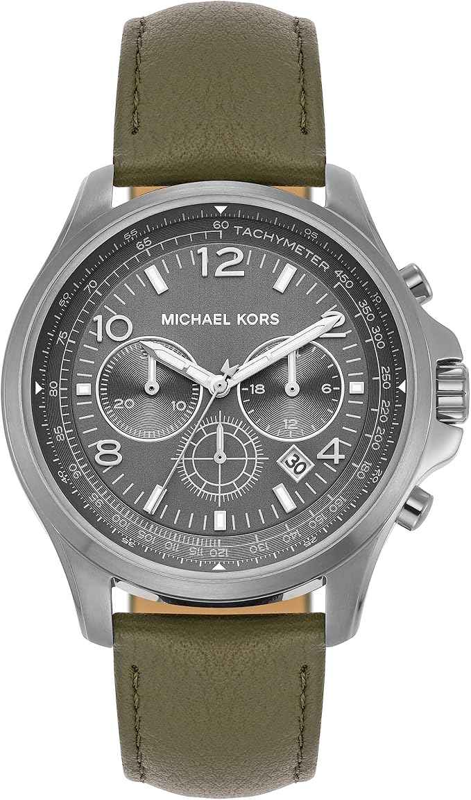 Michael Kors Pilot MK9129 Men's Silver Dial Green Leather Chronograph Watch