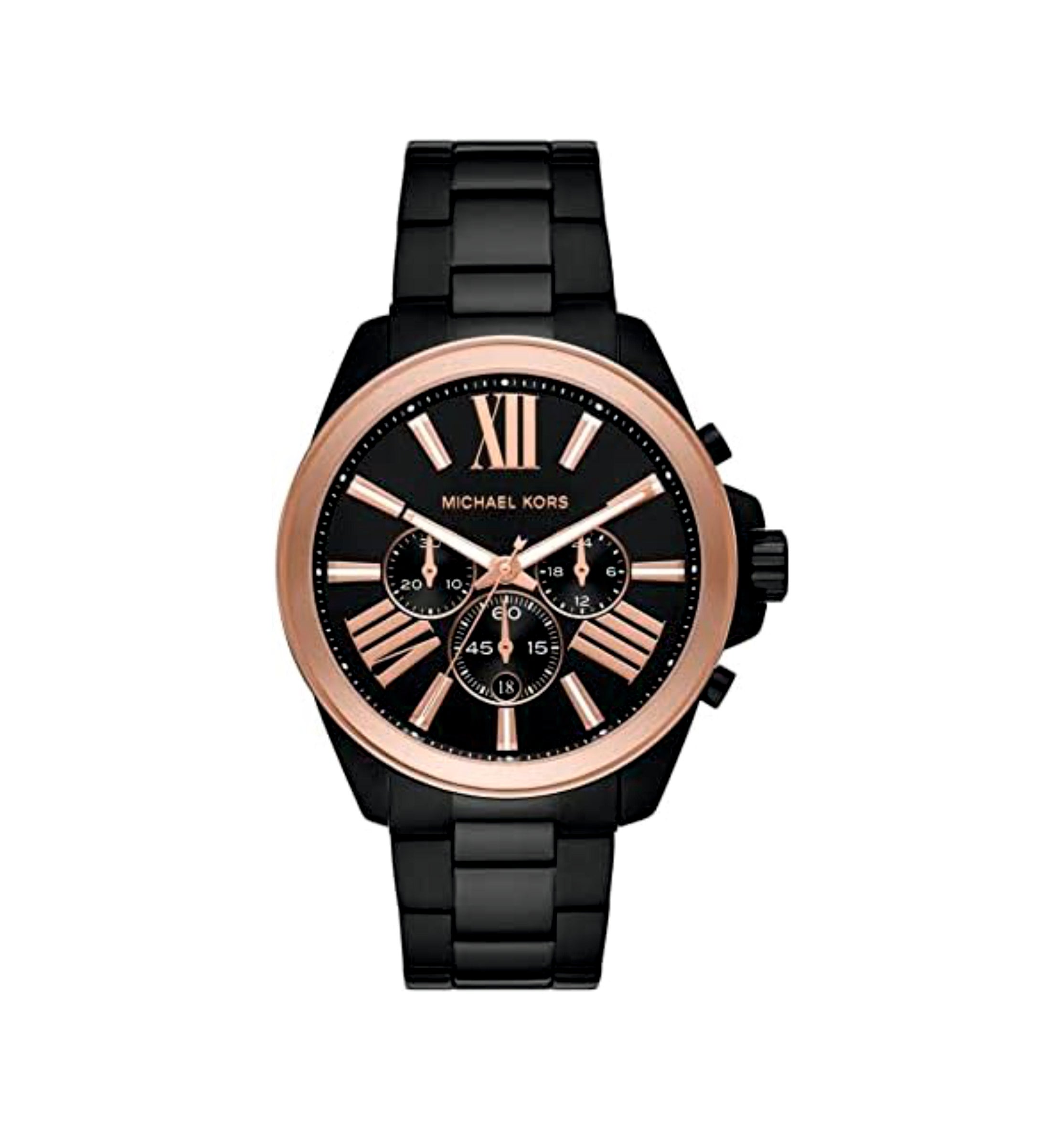 Michael Kors Wren MK8933 men's black sunray dial black stainless steel chronograph watch front view
