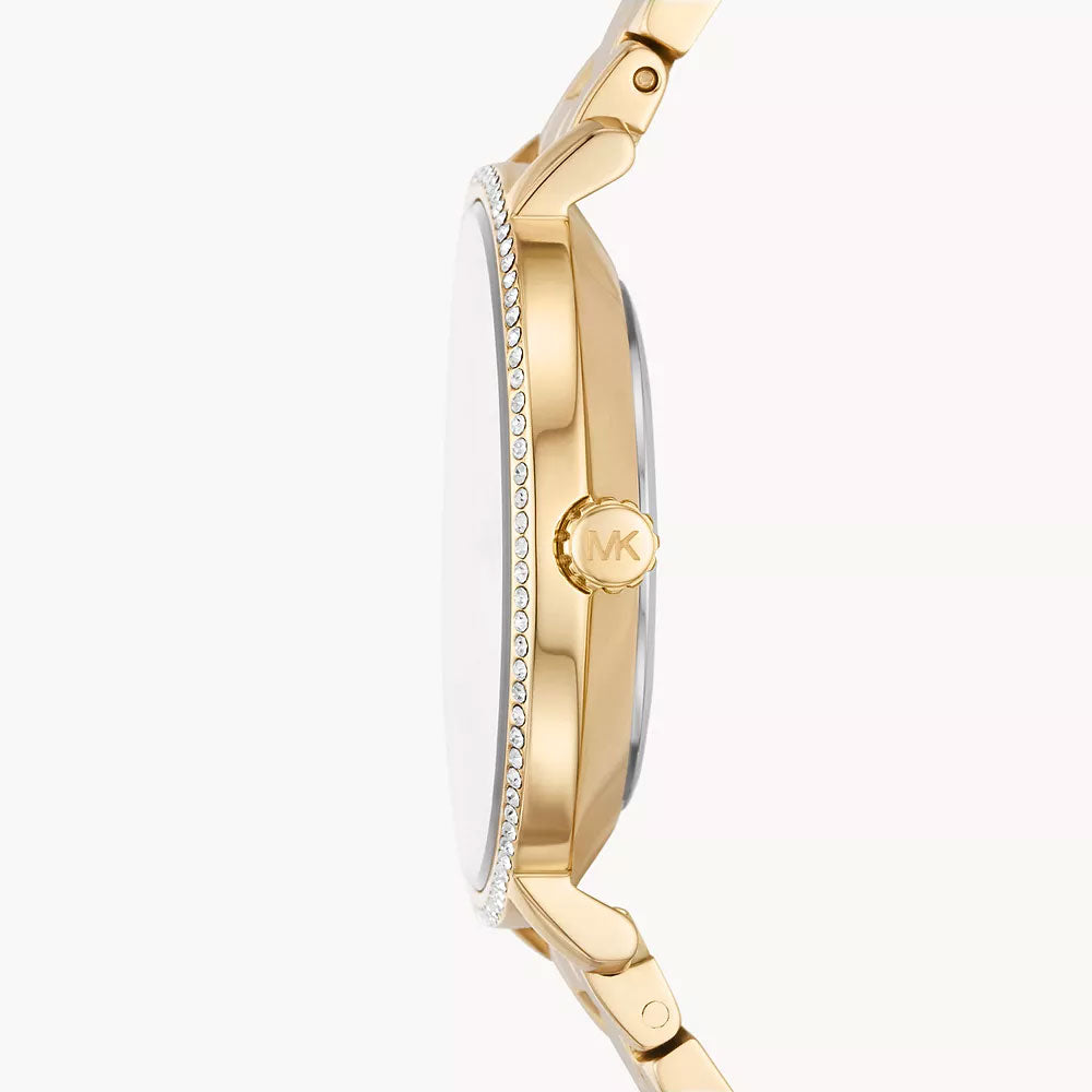 Side profile of Michael Kors Pyper MK1065 gold-tone stainless steel bracelet watch