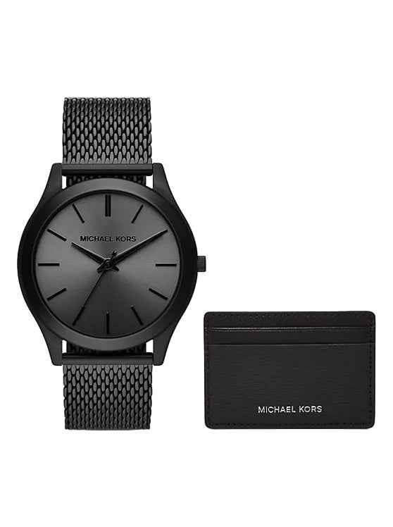 Michael Kors Slim Runway MK1085 Men's Black-Tone Watch & Card Case Gift Set