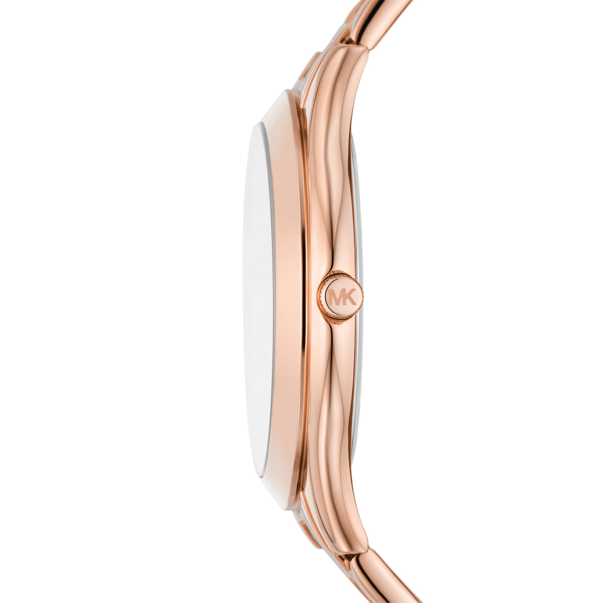 Side profile of Michael Kors Slim Runway MK4733 rose gold stainless steel bracelet watch