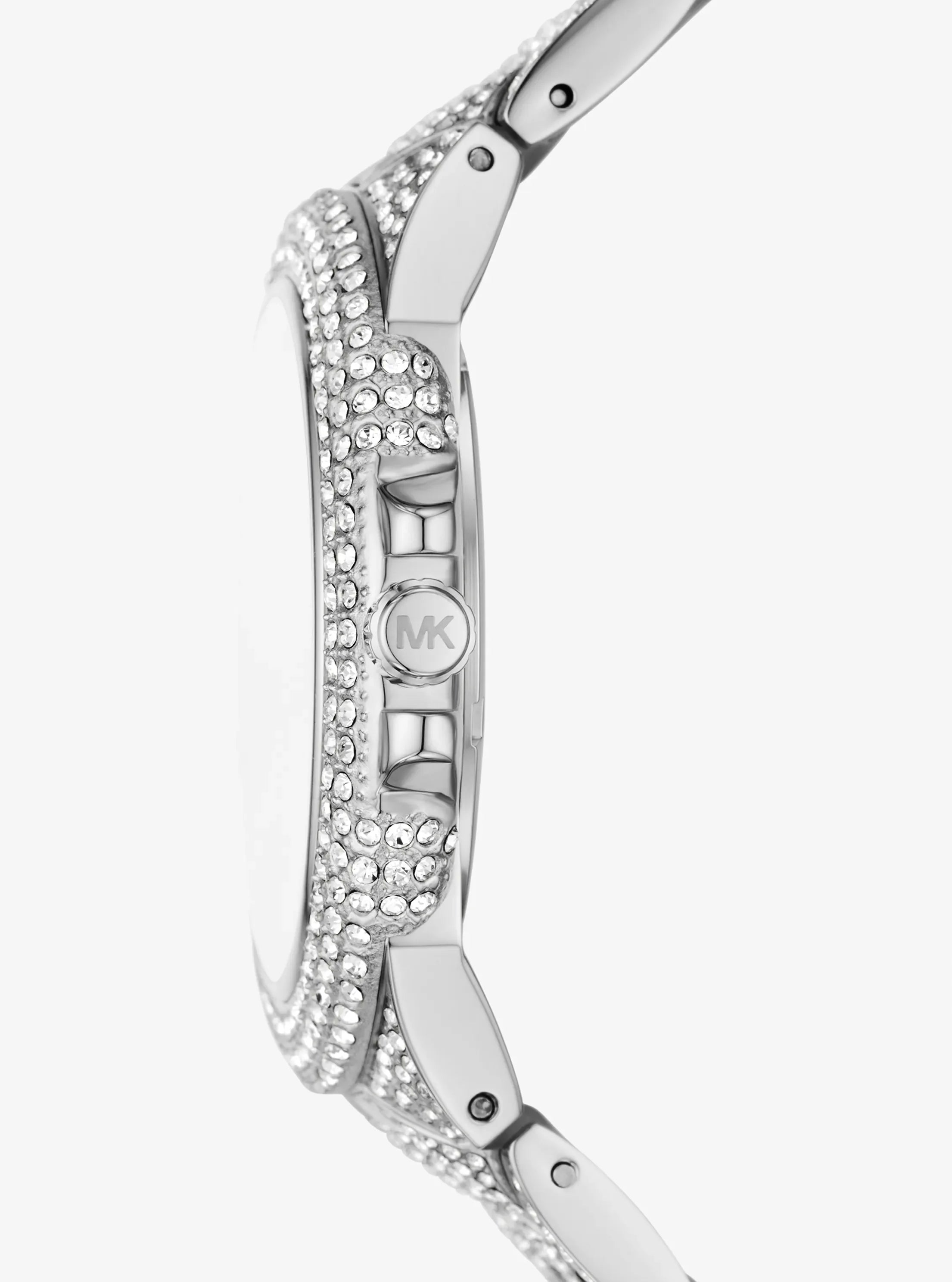 Side view of Michael Kors Camille MK4803 silver stainless steel bracelet watch