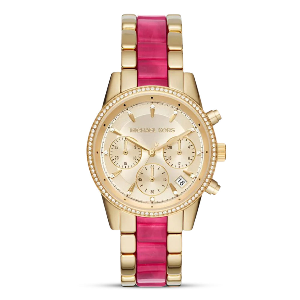 Front view of Michael Kors Ritz MK6517 women's gold chronograph watch