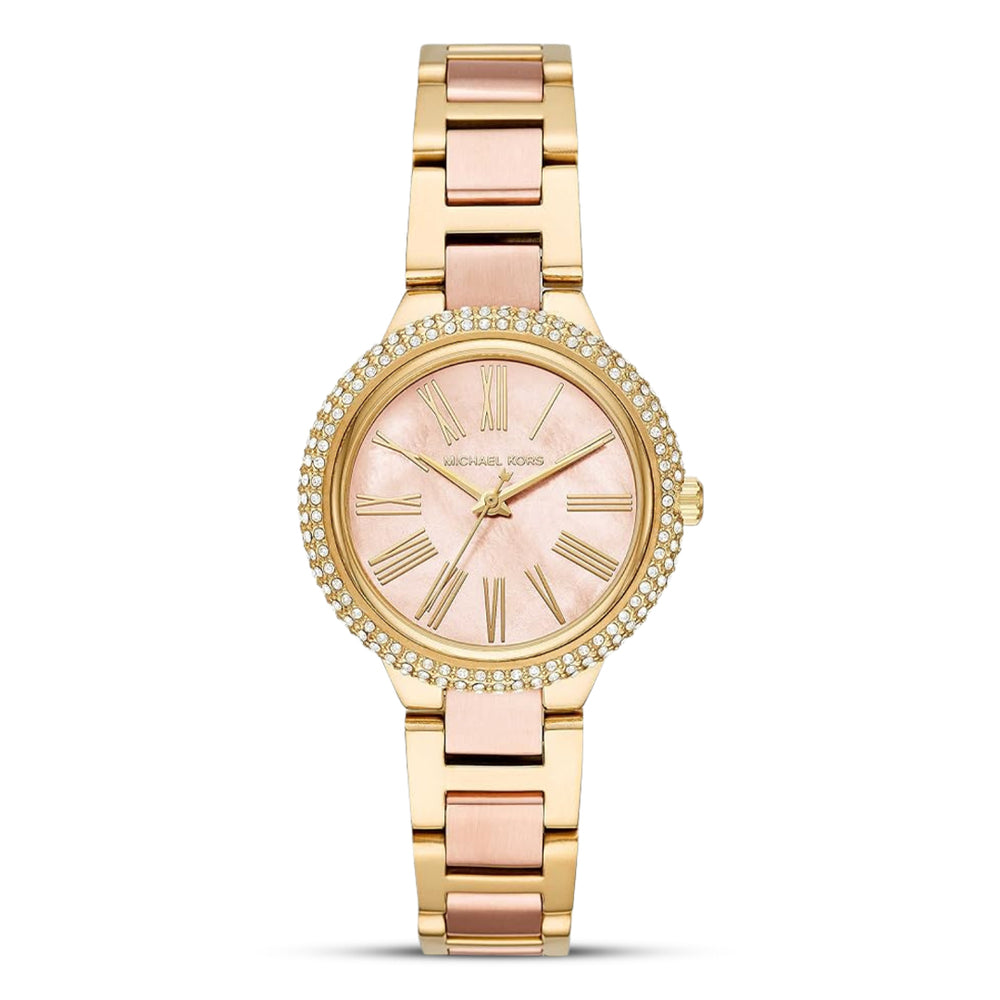 Front view of Michael Kors Mini Taryn MK6564 women's rose dial gold bracelet watch