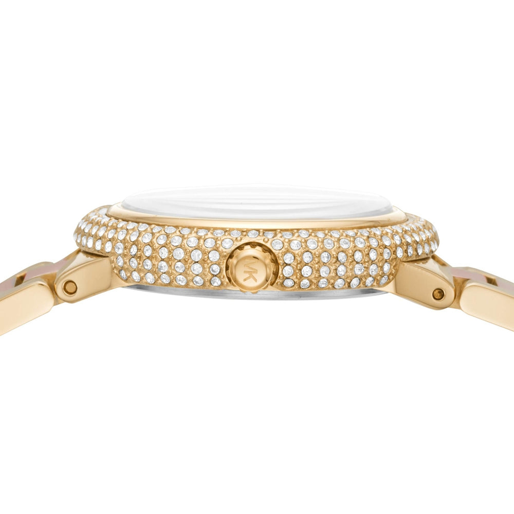 Side view of Michael Kors Mini Taryn MK6564 gold stainless steel bracelet watch