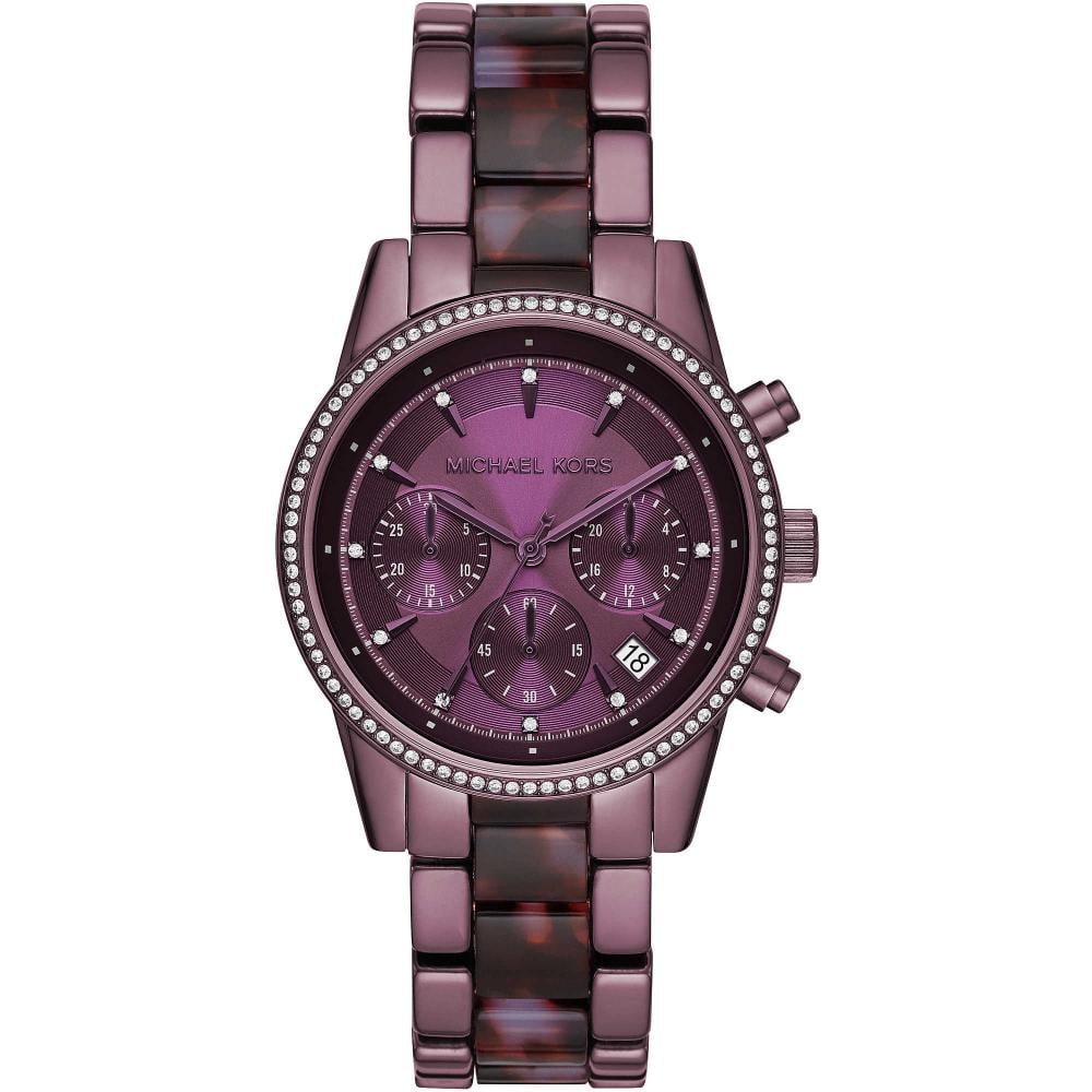 Michael Kors Ritz Pave MK6720 women's lavender chronograph dial purple stainless steel watch front view