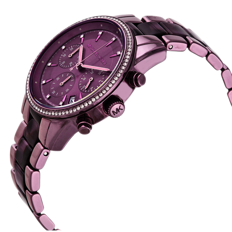 Close-up of Michael Kors MK6720 lavender chronograph dial with purple stainless steel bracelet