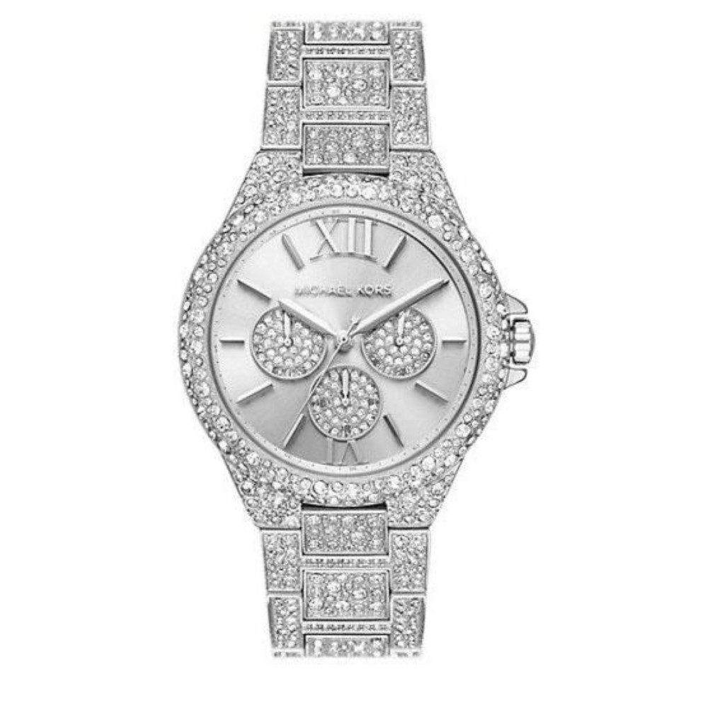 Michael Kors Camille MK6957 women's silver dial crystal pave stainless steel watch front view