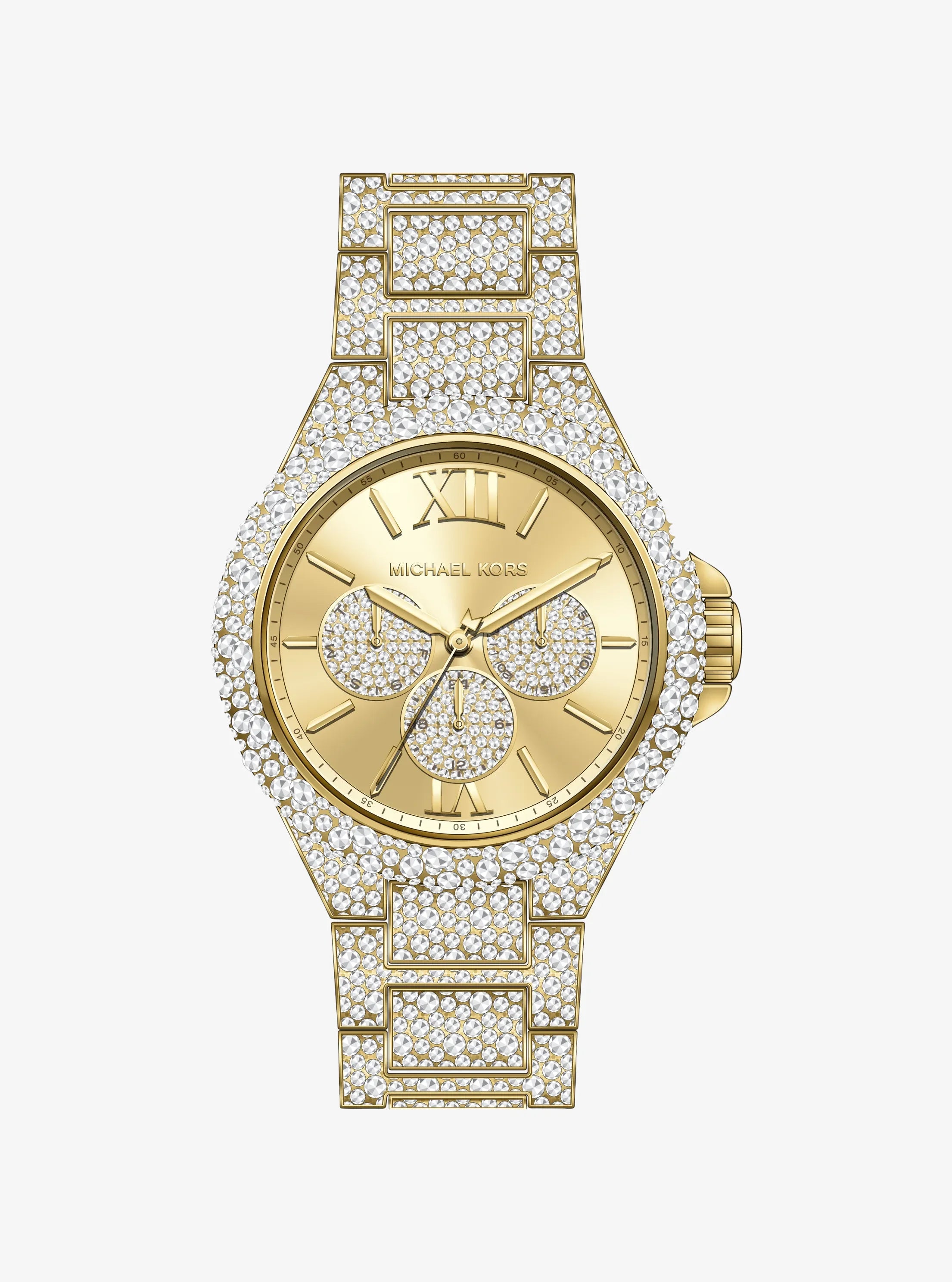 Michael Kors Camille MK6958 women's gold dial crystal pave stainless steel watch front view