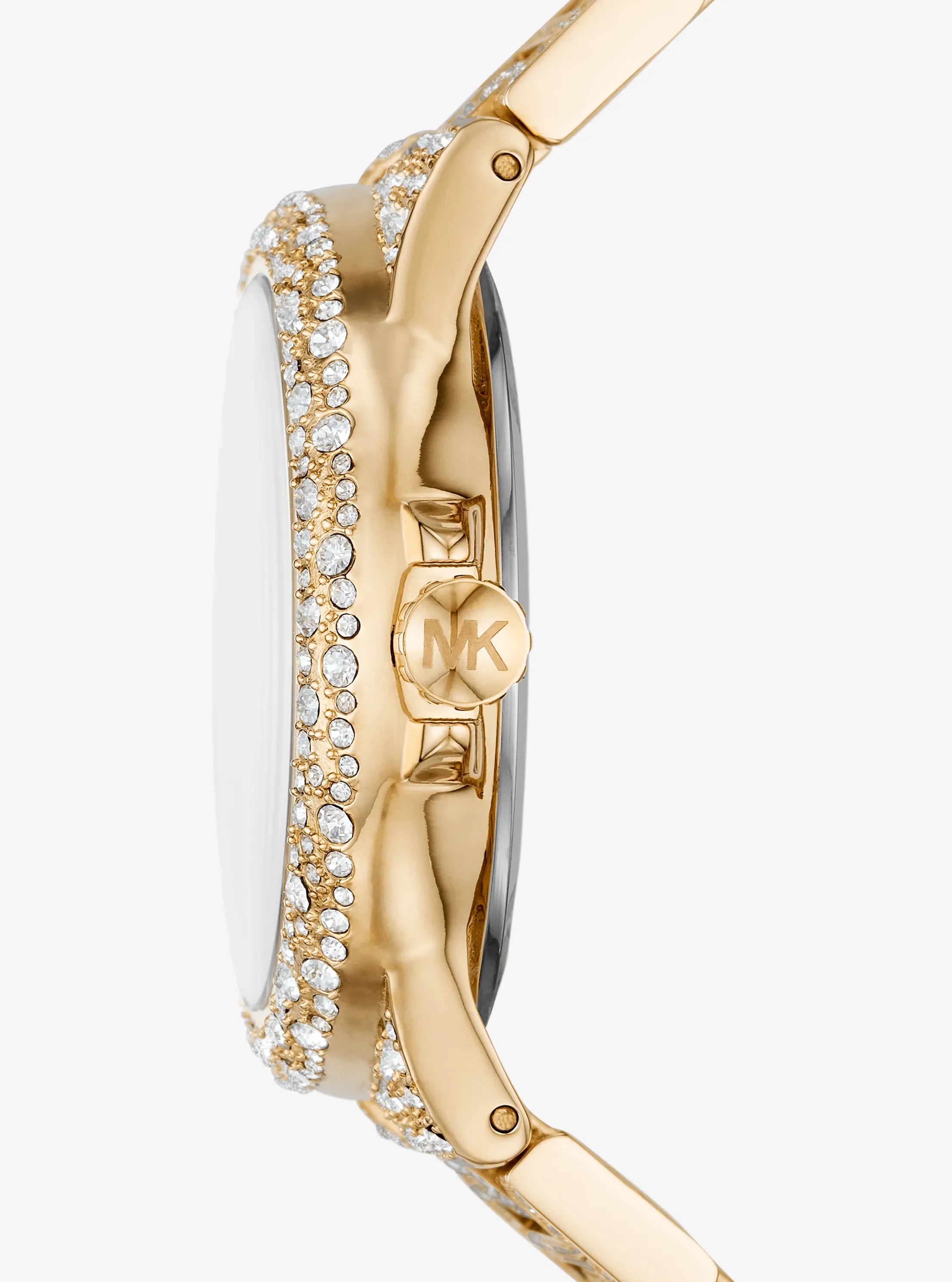 Side profile of Michael Kors Camille MK6958 gold crystal pave bracelet watch