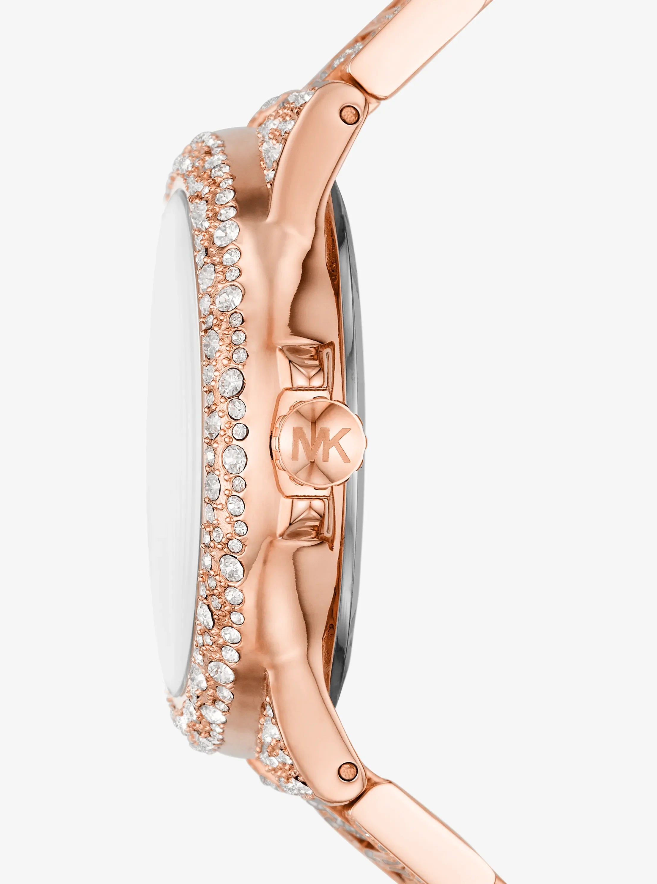 Side profile of Michael Kors Camille MK6961 rose gold stainless steel bracelet watch