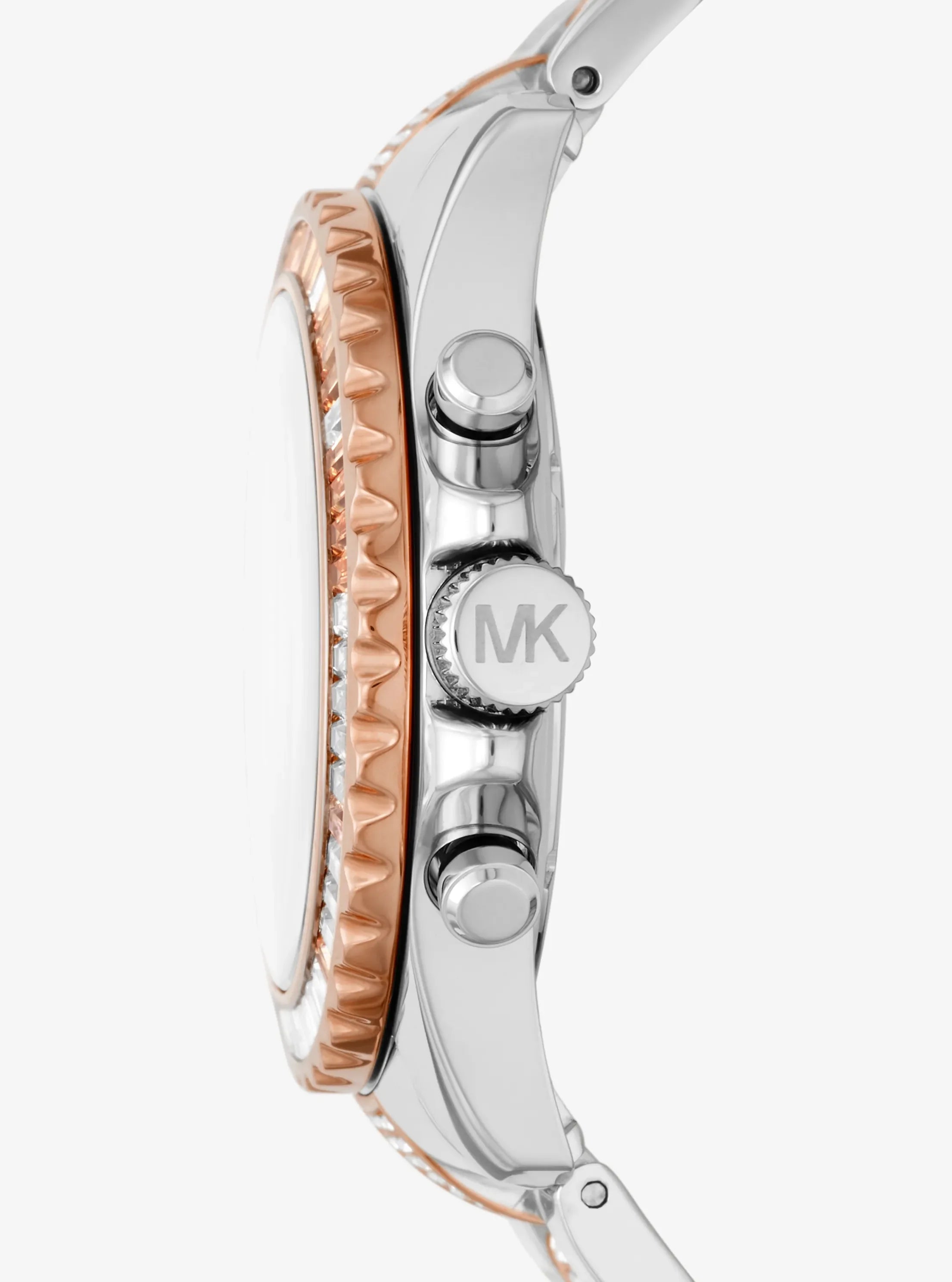 Side profile of Michael Kors Everest MK6975 two-tone stainless steel bracelet watch