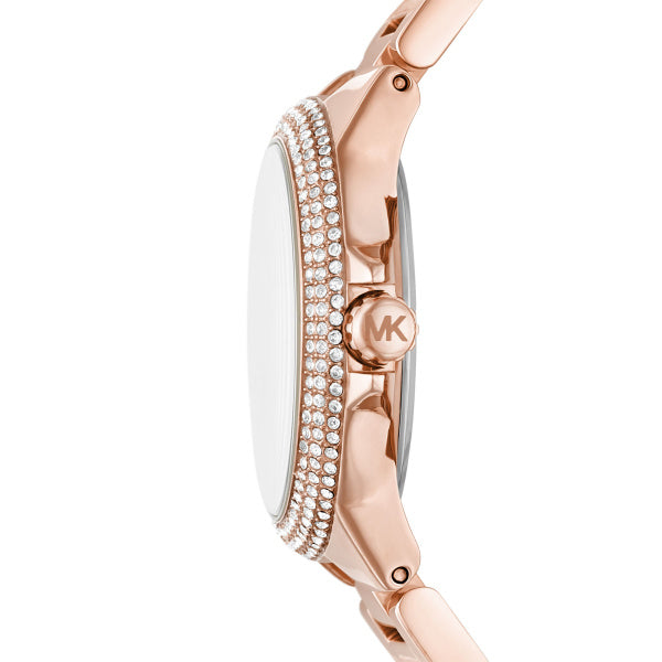 Side profile of Michael Kors Camille MK6983 rose gold bracelet watch with acetate details