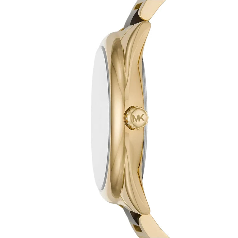 Side profile of Michael Kors Janelle MK7136 gold and brown acetate bracelet watch