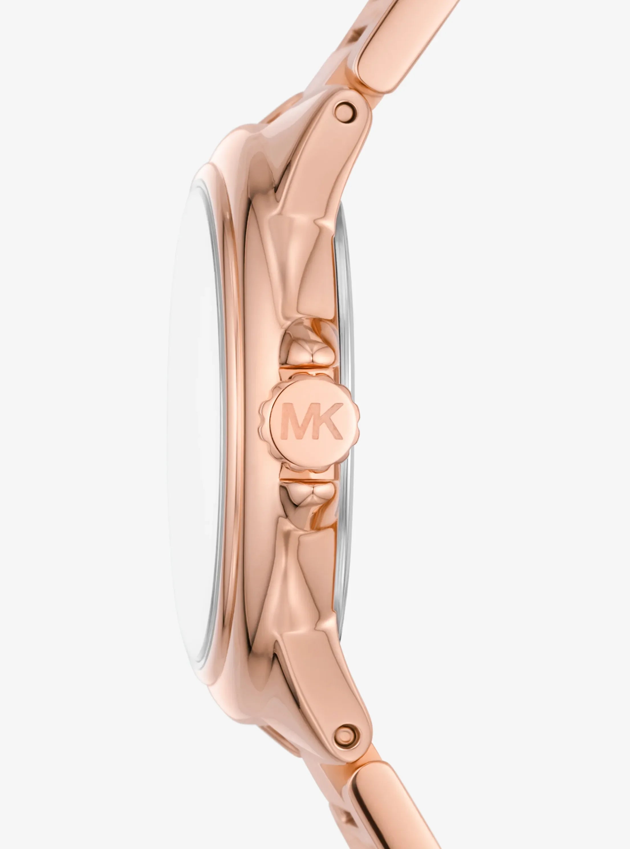 Side profile of Michael Kors Camille MK7256 rose gold stainless steel bracelet watch