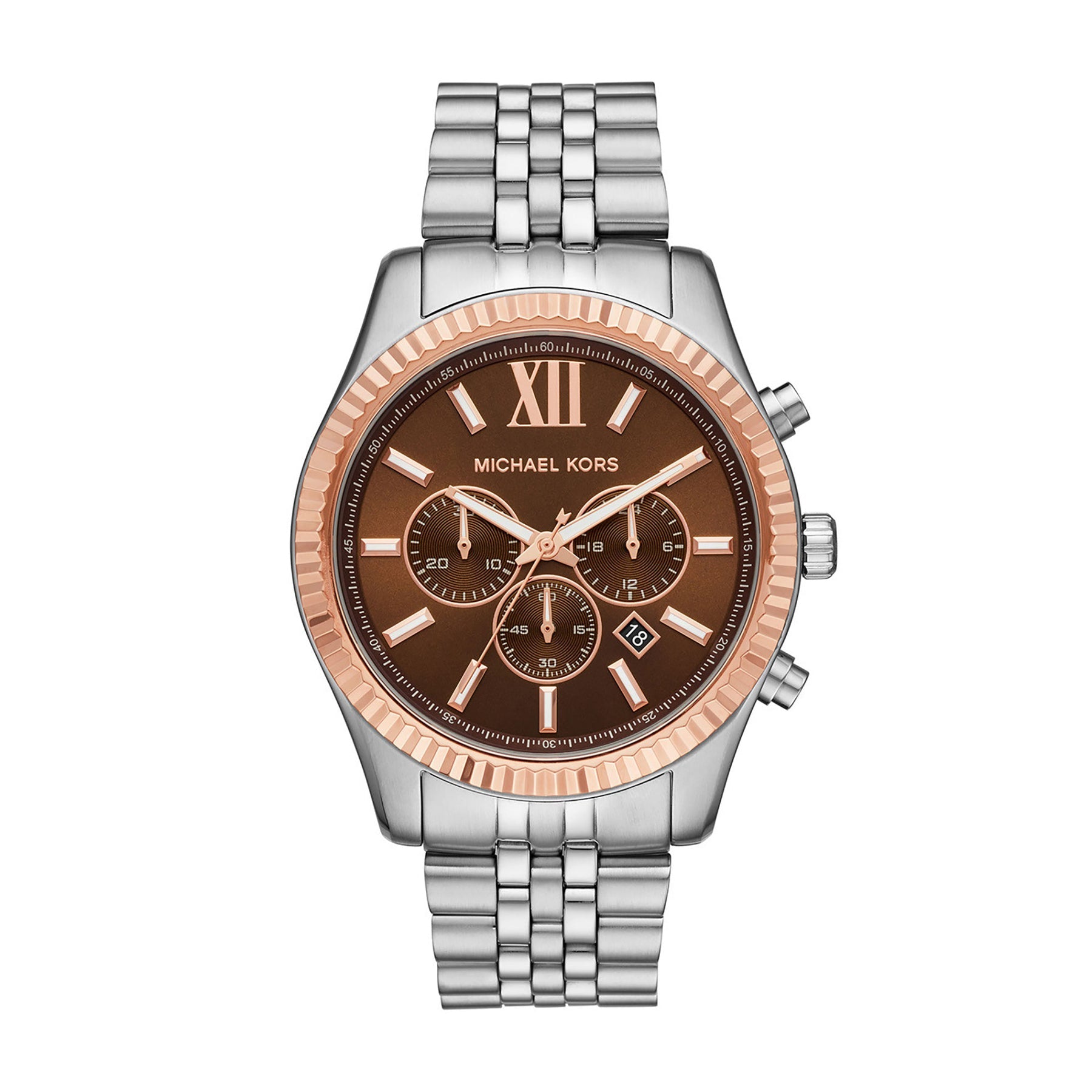 Michael Kors Lexington MK8732 men's amber dial silver stainless steel chronograph watch front view