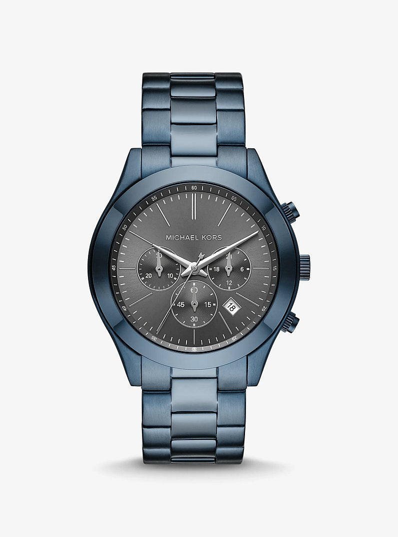 Michael Kors Slim Runway MK8918 men's grey dial blue stainless steel chronograph watch front view