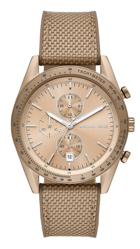 Michael Kors Warren MK9145 men's beige gold dial nylon strap chronograph watch front view