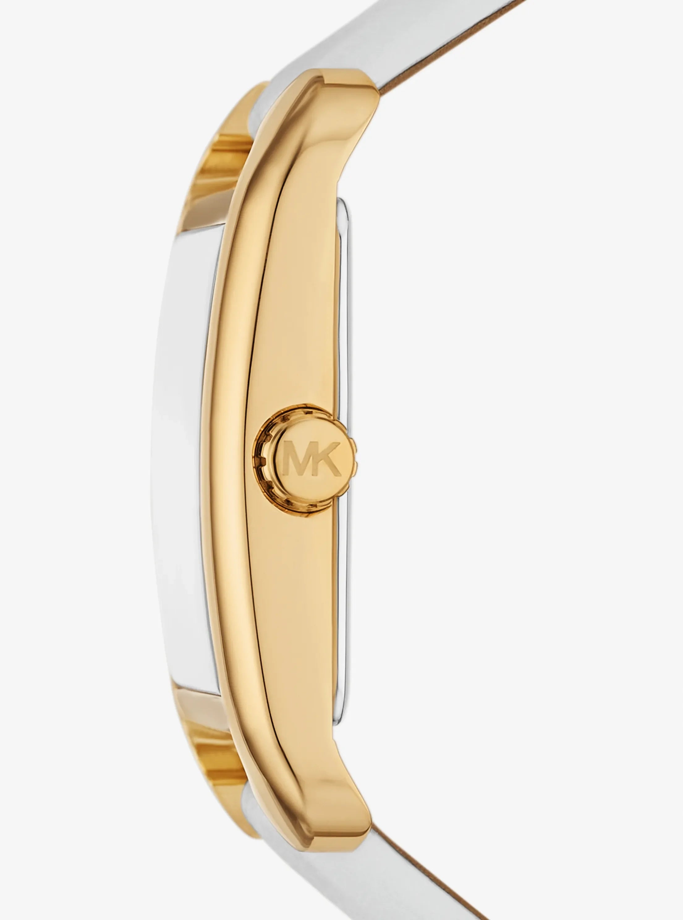 Side profile of Michael Kors Petite Monroe MKO1059 white leather strap watch
