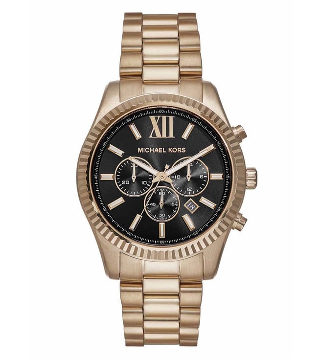 Michael Kors Lexington Chronograph MK9155 men's black dial rose gold stainless steel watch front view
