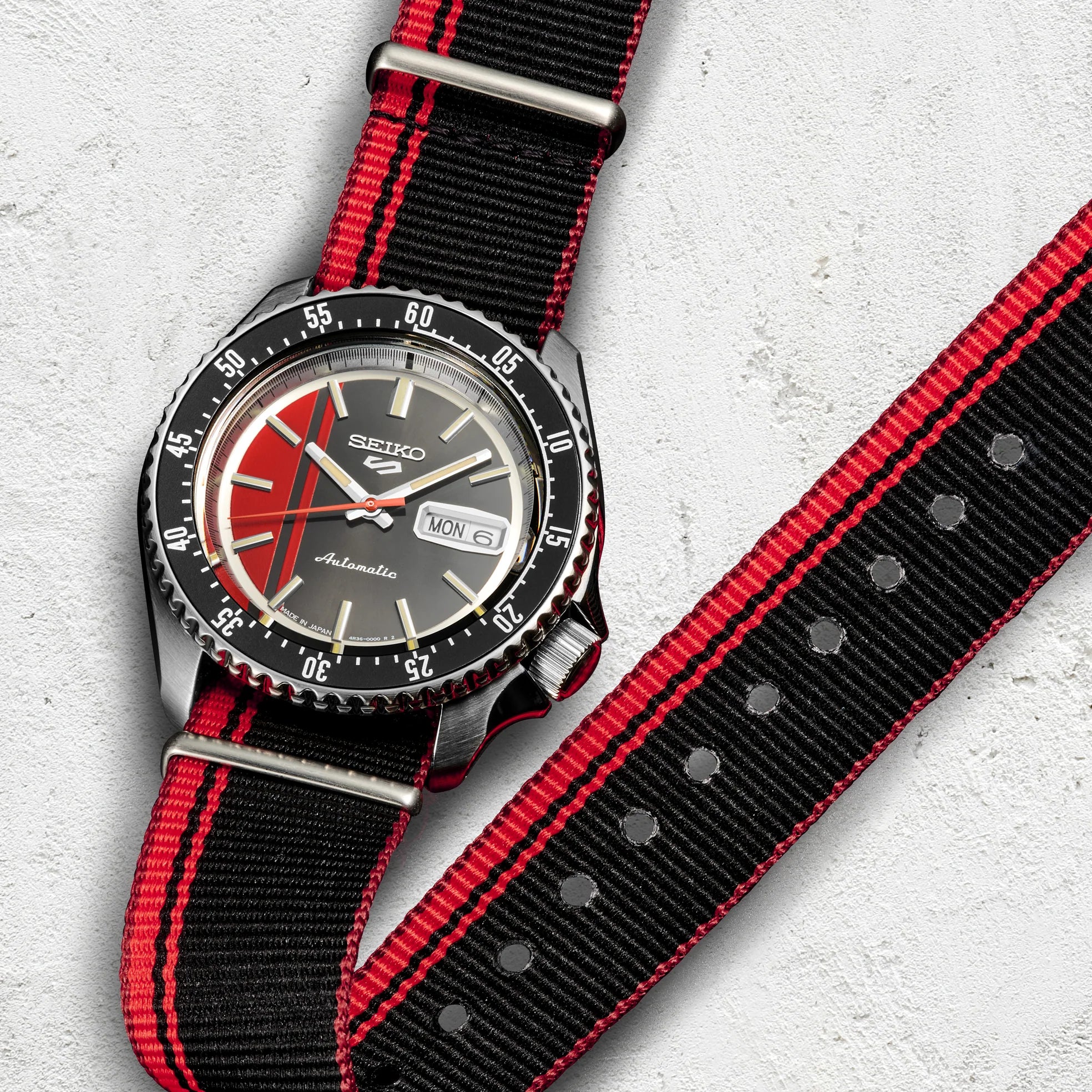 Seiko 5 Sports SRPK71 Automatic Red Dial Black & Red Nylon Strap Men’s Watch - Luxverse