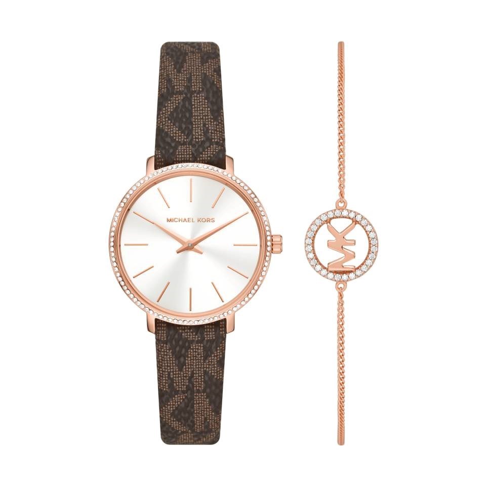 Michael Kors Pyper Gift Set MK1036 women's white dial brown strap watch front view