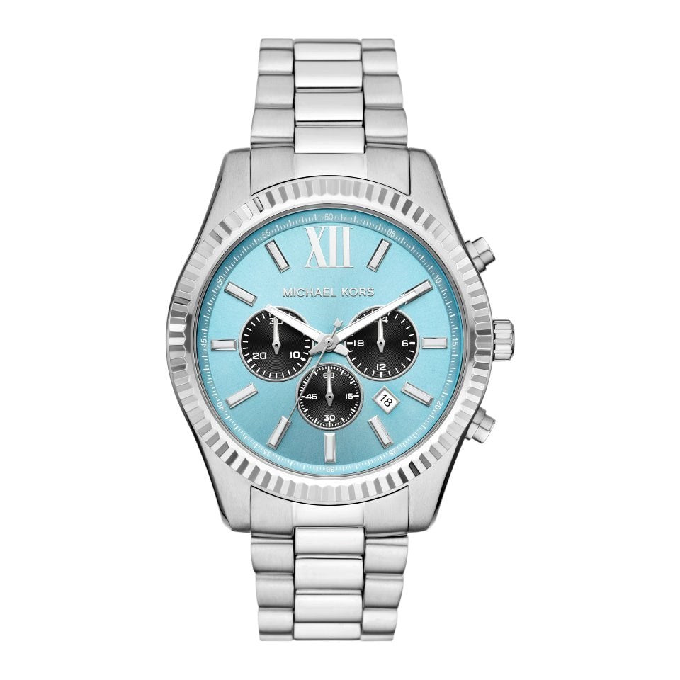 Michael Kors Lexington MK9165 men's blue dial silver stainless steel chronograph watch front view