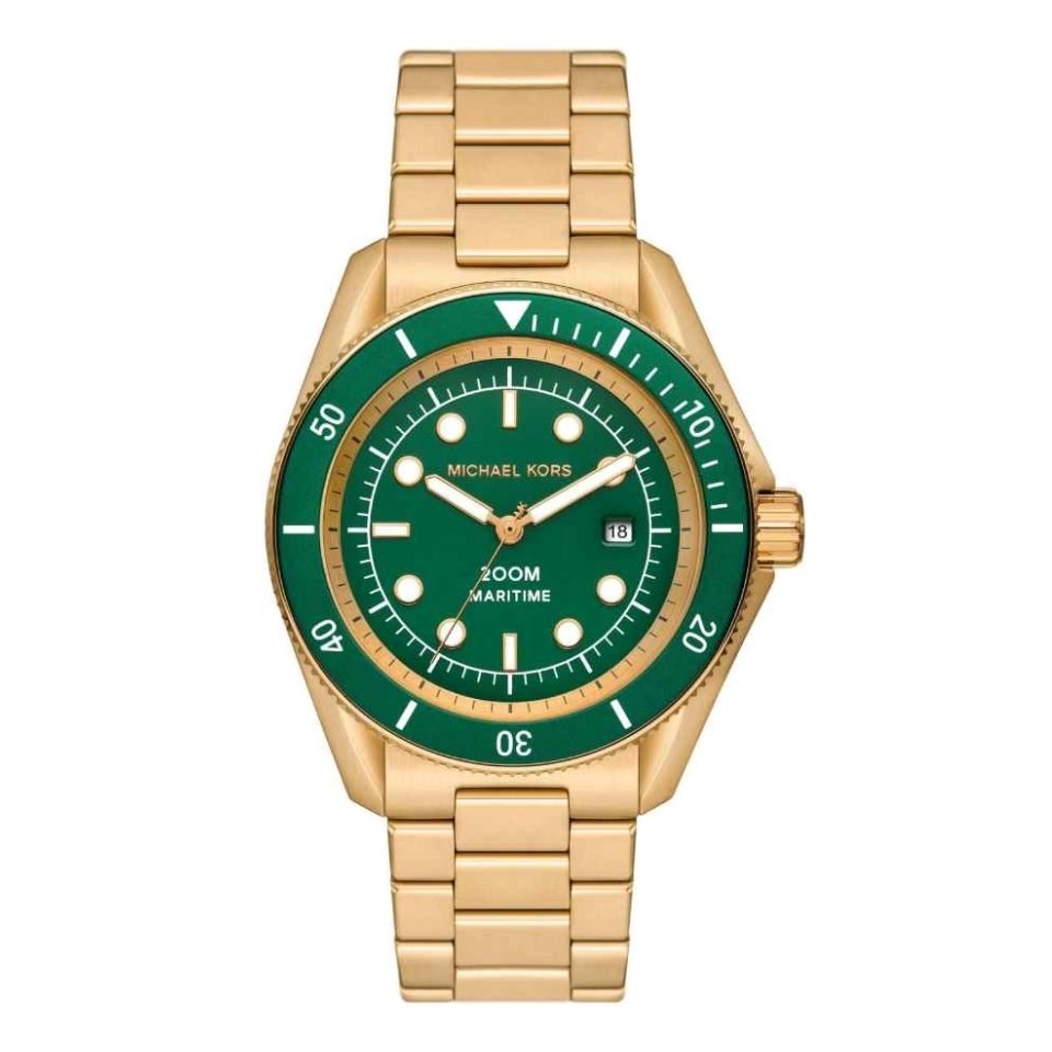 Michael Kors Maritime MK9162 men's green dial gold stainless steel watch front view